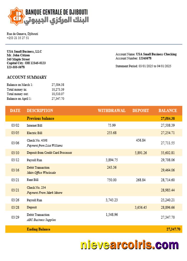 Central Bank of Djiboutian company checking account statement